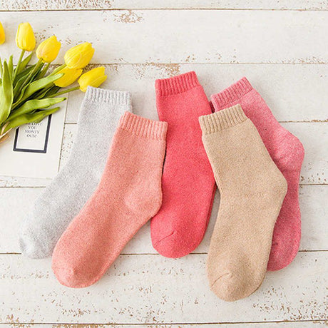 Wool Blend Terry Socks 5-Pack - Winter Thick Warm Mid Calf Crew Socks for Women - Solid Color Cotton Socks - 5 Pairs