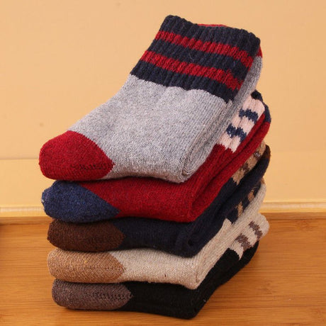 Wool Blend Terry Socks 5-Pack - Winter Thick Warm Mid Calf Crew Socks for Women - Two Stripe Pattern Cotton Socks - 5 Pairs