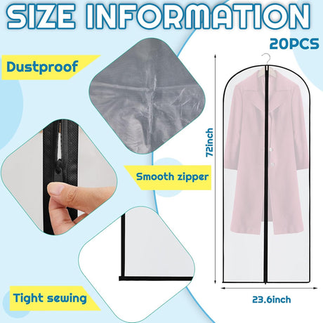 20 Pcs 24 x 72 Inch Garment Bags Bulk Hanging Clothes Storage Covers for Closet Organization Dustproof Transparent Dress Suit Bag Set Wedding Dresses Long Gowns Coats Seasonal Wardrobe White Black