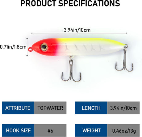Top Water Fishing Lures Kit for Saltwater and Freshwater, Bass Treble Hooks Hard Baits, Walk-The-Dog Lure Set Pike, Striper, Speckled Trout