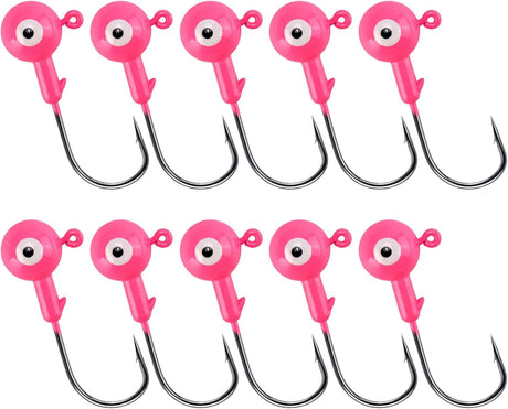 10-Pack Round Fishing Jig Heads, Bass Ball Jigs Hooks 3D Eyes High Carbon Steel 1/8-1/2OZ Pompano Head Saltwater Freshwater Heads for Trout Walleye Striper Pink 1/4oz