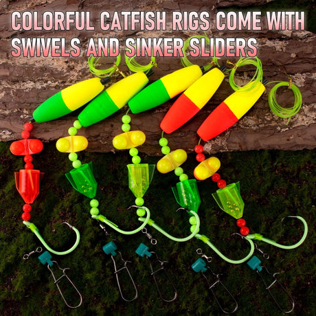 5-Pack Catfish Bait Float Rigs Kit, Ready Cat Fish Rig with Rattles Peg Floats Beads Circle Hooks 6/0 8/0 10/0, Catfishing Tackle Equipment Rattle Floater Bobbers Fishing Gear  Hook - 30LB Line