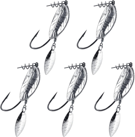 5-Pack Weighted Swimbait Hooks with Underspin, Pin Spring Fishing Hook Willow Spinner Blades Silver Gold, 1/7-3/8oz Bass Swivels Spinnerbait Weedless for Soft Lures 1/7oz