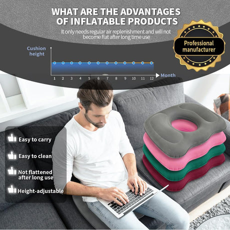 Petluno Inflatable Donut Cushion for Tailbone Pain Relief - Orthopedic Hemorrhoid & Sciatica Seat Cushion - Coccyx Cushion for Postpartum, Pregnancy, Office Chair, Car, Wheelchair & Post-Surgical Recovery (Grey)
