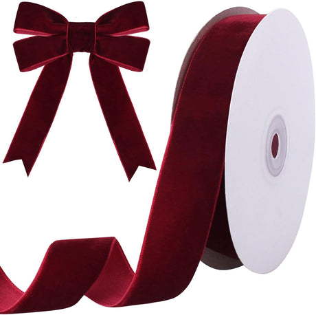 10 Yards Burgundy Velvet Ribbon 1 Inch for Christmas Tree, Dark Red Gift Wrapping Crafts Bow Wreath Holiday Decorations (Burgundy) 1