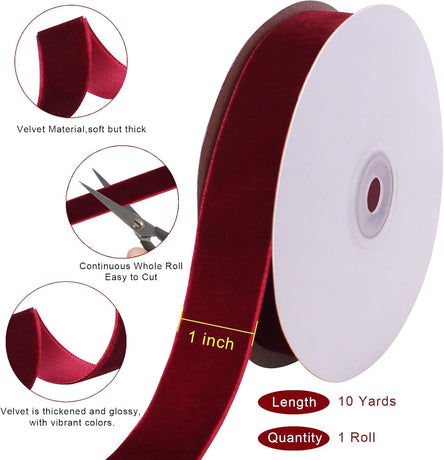 10 Yards Burgundy Velvet Ribbon 1 Inch for Christmas Tree, Dark Red Gift Wrapping Crafts Bow Wreath Holiday Decorations (Burgundy) 1