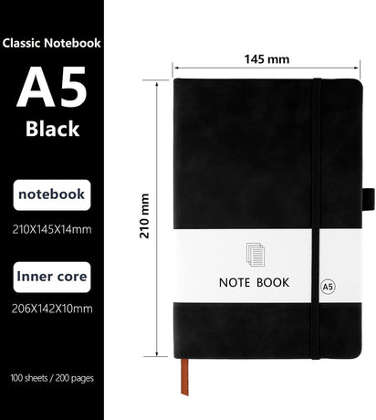 A5 Notebook, Notebook Note Book Pad Journal Notepad PU Leather for Office School Home Business Writing & Taking 200 Pages (100 Sheets)- Black