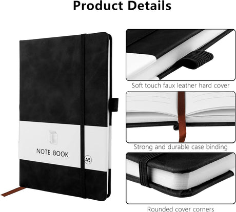 A5 Notebook, Notebook Note Book Pad Journal Notepad PU Leather for Office School Home Business Writing & Taking 200 Pages (100 Sheets)- Black