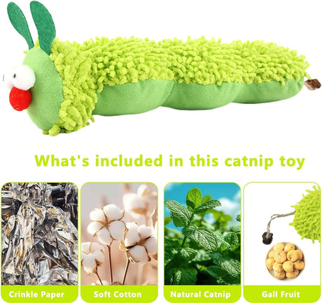 Petluno Cat Catnip Toy for Indoor Cats, Chew Teeth Cleaning, Bite-Resistant Plush Caterpillar Design, Dental Health Benefits, Green