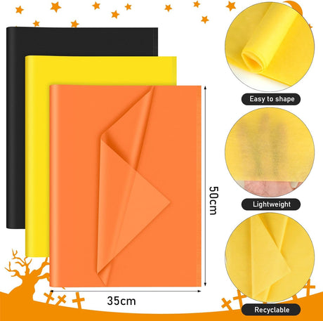 Petluno 60 Sheets Black Orange Yellow Tissue Paper Bulk, Gift Wrap for Packaging Birthday Wrapping Wedding Construction Party Decorations Black, Orange,