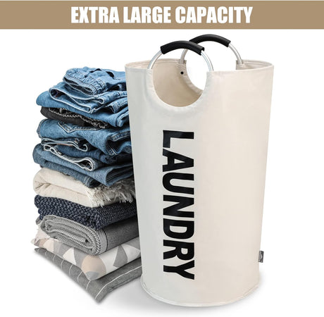 Petluno 90L Large Laundry Basket, Collapsible Bag, Freestanding Tall Clothes Hamper, Foldable Washing Bin (Beige) Beige
