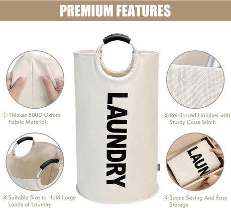Petluno 90L Large Laundry Basket, Collapsible Bag, Freestanding Tall Clothes Hamper, Foldable Washing Bin (Beige) Beige