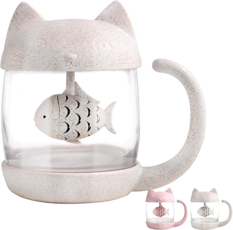Petluno Glass Cat Teacup, Fish Infuser Water Bottle, 250ML Bulk Strainer White