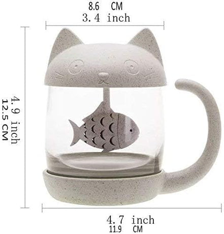 Petluno Glass Cat Teacup, Fish Infuser Water Bottle, 250ML Bulk Strainer White