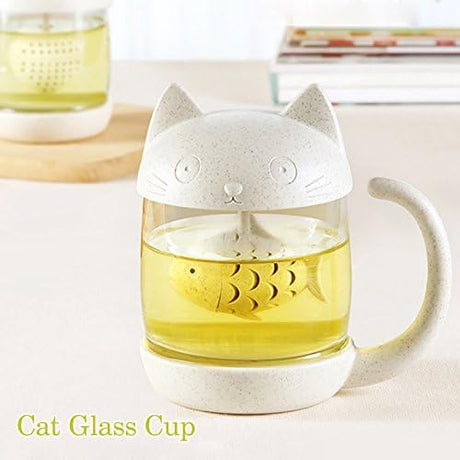 Petluno Glass Cat Teacup, Fish Infuser Water Bottle, 250ML Bulk Strainer White