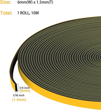 Joint Isolation for Window Door, Adhesive Rubber Foam, Sealing Insulation Strip, Anti-foid Shockproof, 6 mm (L) x 1.5 (H), total 10 m Black 1.5mm 10M