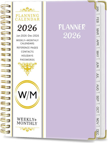 2026 Weekly and Monthly Planner, Jan-Dec, Spiral-Bound with Tabs, Inner Pocket, 6.2
