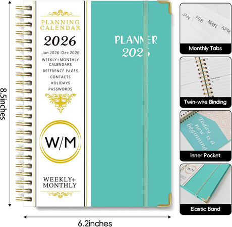 2026 Weekly and Monthly Planner, Jan-Dec, Spiral-Bound with Tabs, Inner Pocket, 6.2
