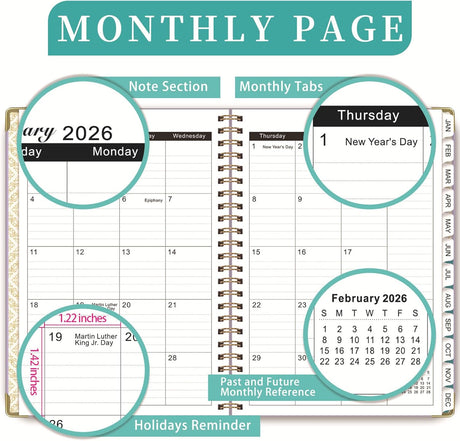 2026 Weekly and Monthly Planner, Jan-Dec, Spiral-Bound with Tabs, Inner Pocket, 6.2