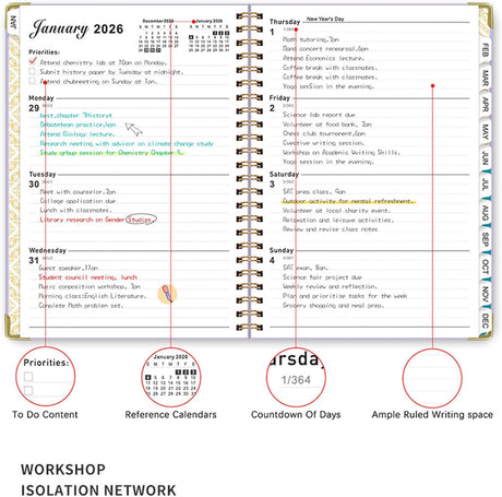 2026 Weekly and Monthly Planner, Jan-Dec, Spiral-Bound with Tabs, Inner Pocket, 6.2