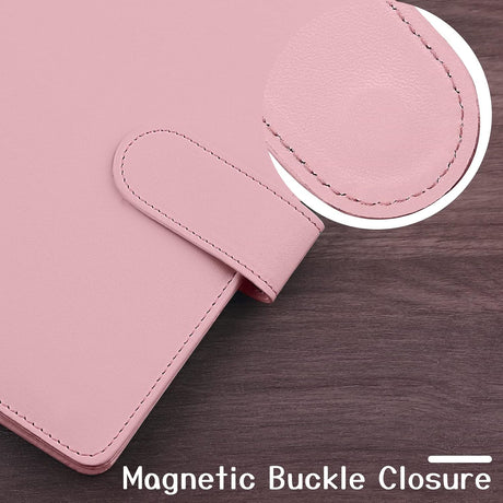 Petluno A6 PU Leather Notebook Binder 6 Ring Refillable Budget Cover for Refill Paper, Loose Leaf Personal Planner Organizer with Magnetic Buckle School, Office, Travel & Photocard, Pink