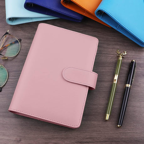 Petluno A6 PU Leather Notebook Binder 6 Ring Refillable Budget Cover for Refill Paper, Loose Leaf Personal Planner Organizer with Magnetic Buckle School, Office, Travel & Photocard, Pink