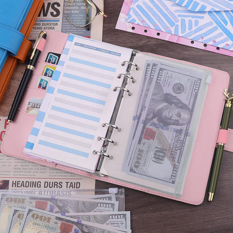 Petluno A6 PU Leather Notebook Binder 6 Ring Refillable Budget Cover for Refill Paper, Loose Leaf Personal Planner Organizer with Magnetic Buckle School, Office, Travel & Photocard, Pink