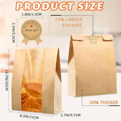 50 Pcs Bread Bags for Homemade Bread, Sourdough Paper With Window, 50% Thicker 13.7x8.2x3.7in A Large Bakery Used Storage Cookies & Snacks, 60 Cute Sealing Stickers Ties