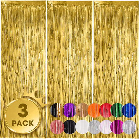 3 Pack 3.3x8.2 Feet Gold Foil Fringe Backdrop Curtains, Tinsel Streamers, for 2025 New Years Eve, Graduation, Birthday, Baby Shower, Gender Reveal, Disco Party 05