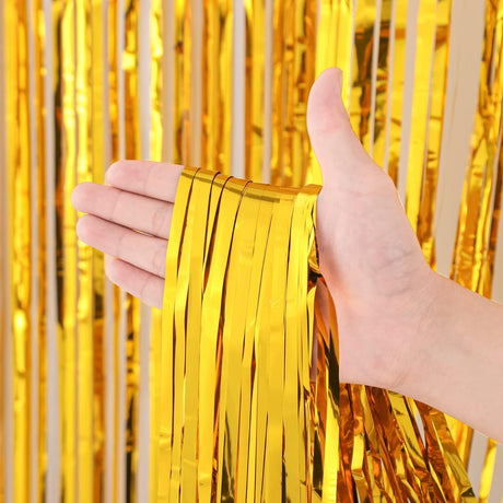 3 Pack 3.3x8.2 Feet Gold Foil Fringe Backdrop Curtains, Tinsel Streamers, for 2025 New Years Eve, Graduation, Birthday, Baby Shower, Gender Reveal, Disco Party 05