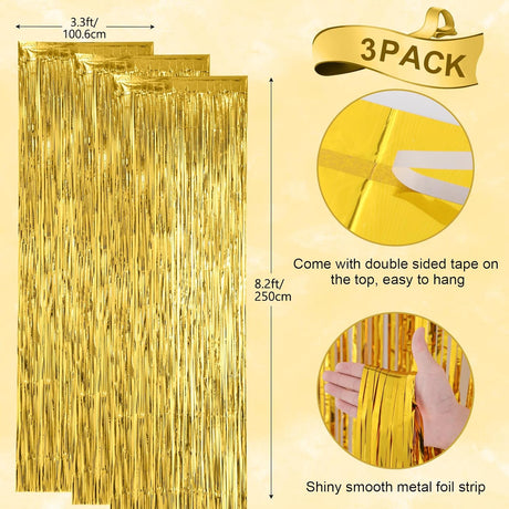 3 Pack 3.3x8.2 Feet Gold Foil Fringe Backdrop Curtains, Tinsel Streamers, for 2025 New Years Eve, Graduation, Birthday, Baby Shower, Gender Reveal, Disco Party 05