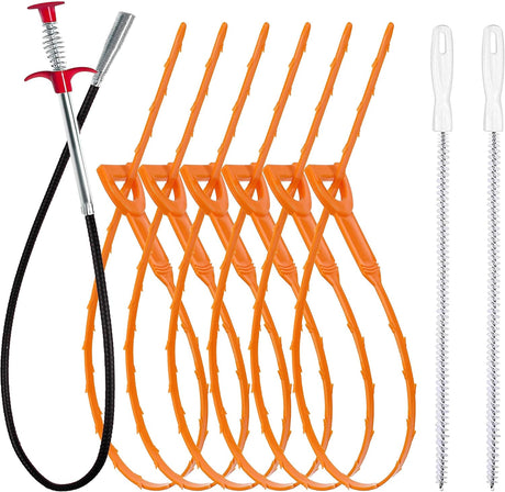 35.5-inch Drain Clog Remover (1 piece), 25-inch Snake Hair Remover (6 pieces) & Cleaning Brush (2 pieces), Catcher Auger Cleaner Tool Set For Toilet, Kitchen Sink, Bathroom Tub, Sewer, 9 Pack