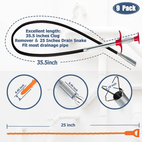 35.5-inch Drain Clog Remover (1 piece), 25-inch Snake Hair Remover (6 pieces) & Cleaning Brush (2 pieces), Catcher Auger Cleaner Tool Set For Toilet, Kitchen Sink, Bathroom Tub, Sewer, 9 Pack