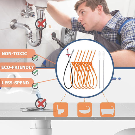35.5-inch Drain Clog Remover (1 piece), 25-inch Snake Hair Remover (6 pieces) & Cleaning Brush (2 pieces), Catcher Auger Cleaner Tool Set For Toilet, Kitchen Sink, Bathroom Tub, Sewer, 9 Pack