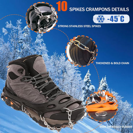 Grödel Stijgijzers for hiking boots with 10 teeth, crampons, shoe spikes, winter, anti-slip shoe spikes for men, women, adults, suitable for walking, trail running,