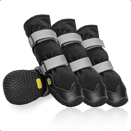 Anti-slip dog shoes with reflective strips, high waterproof dog boots, durable leather rubber sole dog paw protectors for small, medium and large dogs, 4 pieces (XL, black)