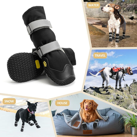 Anti-slip dog shoes with reflective strips, high waterproof dog boots, durable leather rubber sole dog paw protectors for small, medium and large dogs, 4 pieces (XL, black)