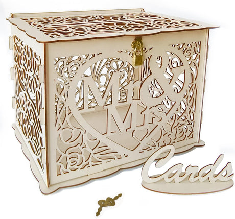Petluno Latest design letterbox wedding gift vouchers box vintage large DIY wooden cards box money box with lock for birthday babyshower anniversary (Mr & Mrs, yellow) yellow