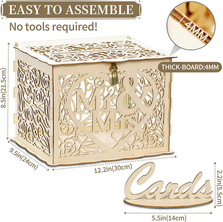 Petluno Latest design letterbox wedding gift vouchers box vintage large DIY wooden cards box money box with lock for birthday babyshower anniversary (Mr & Mrs, yellow) yellow