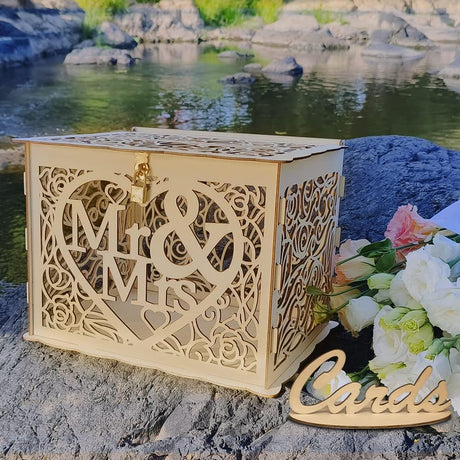 Petluno Latest design letterbox wedding gift vouchers box vintage large DIY wooden cards box money box with lock for birthday babyshower anniversary (Mr & Mrs, yellow) yellow