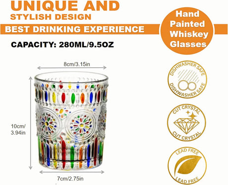 Petluno Hand Painted Stained Glass Whiskey Tumblers, Lead-Free Crystal Colorful Wine Glasses Old Fashioned for Drinking Bourbon, Scotch Whisky, Cocktails, Cognac - Father's Day Gift (Rainbow)
