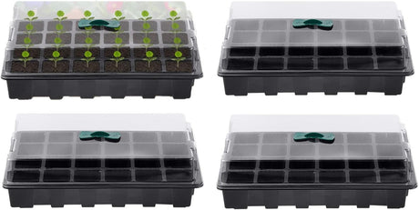 Petluno 4-piece seedling trays, 24-cell plastic seedling propagation trays, flower seed growing containers with adjustable ventilation openings for greenhouse, garden, home (with lids and bases)