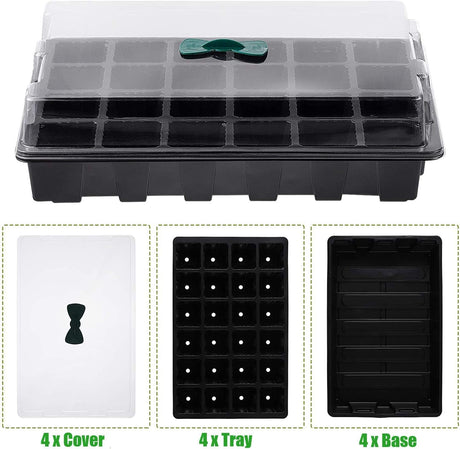 Petluno 4-piece seedling trays, 24-cell plastic seedling propagation trays, flower seed growing containers with adjustable ventilation openings for greenhouse, garden, home (with lids and bases)