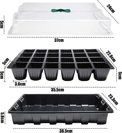 Petluno 4-piece seedling trays, 24-cell plastic seedling propagation trays, flower seed growing containers with adjustable ventilation openings for greenhouse, garden, home (with lids and bases)
