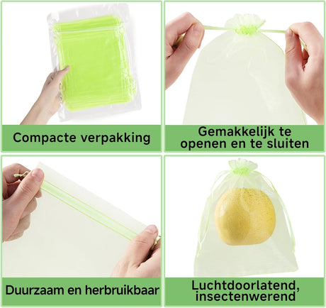 50 pieces fruit protection bags with drawstring, 15x20 cm green organza bags, reusable bird nets and insect mesh for garden vegetable patch 15×20cm
