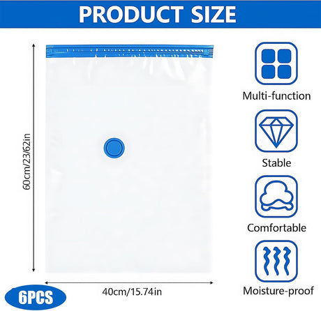 6 pieces vacuum storage bags for clothes, reusable, 40 x 60 cm travel essentials sealer compression bags, space-saving vacuum cube packaging bags, storage jackets, towels