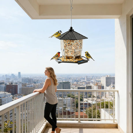 Bird Feeder Houses | Hanging and Refillable Feeding Station Squirrel-Proof Window Bird Feeder Including Landing Perch for Outdoor Garden Birds Wildlife Black
