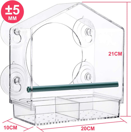 Strong suction window bird feeder, large capacity window bird feeder with removable seed tray and drainage holes for bird food, suitable for Dunnock, Blue Tit, Robin and small wild birds, 21 cm x 20 cm x 10 cm