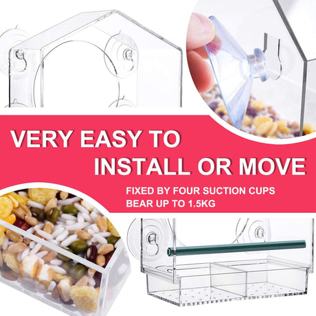 Strong suction window bird feeder, large capacity window bird feeder with removable seed tray and drainage holes for bird food, suitable for Dunnock, Blue Tit, Robin and small wild birds, 21 cm x 20 cm x 10 cm