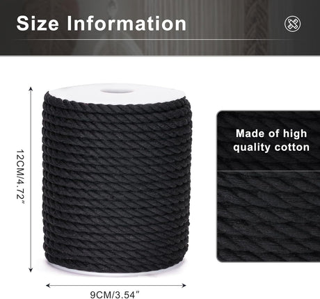 Petluno Macramé Cord 6 mm, 30 m Black Cotton Rope Thick for Crafting, Wall Hangings, Plant Hangers, Knitting, Gardening, Decoration Black 6mm 30m